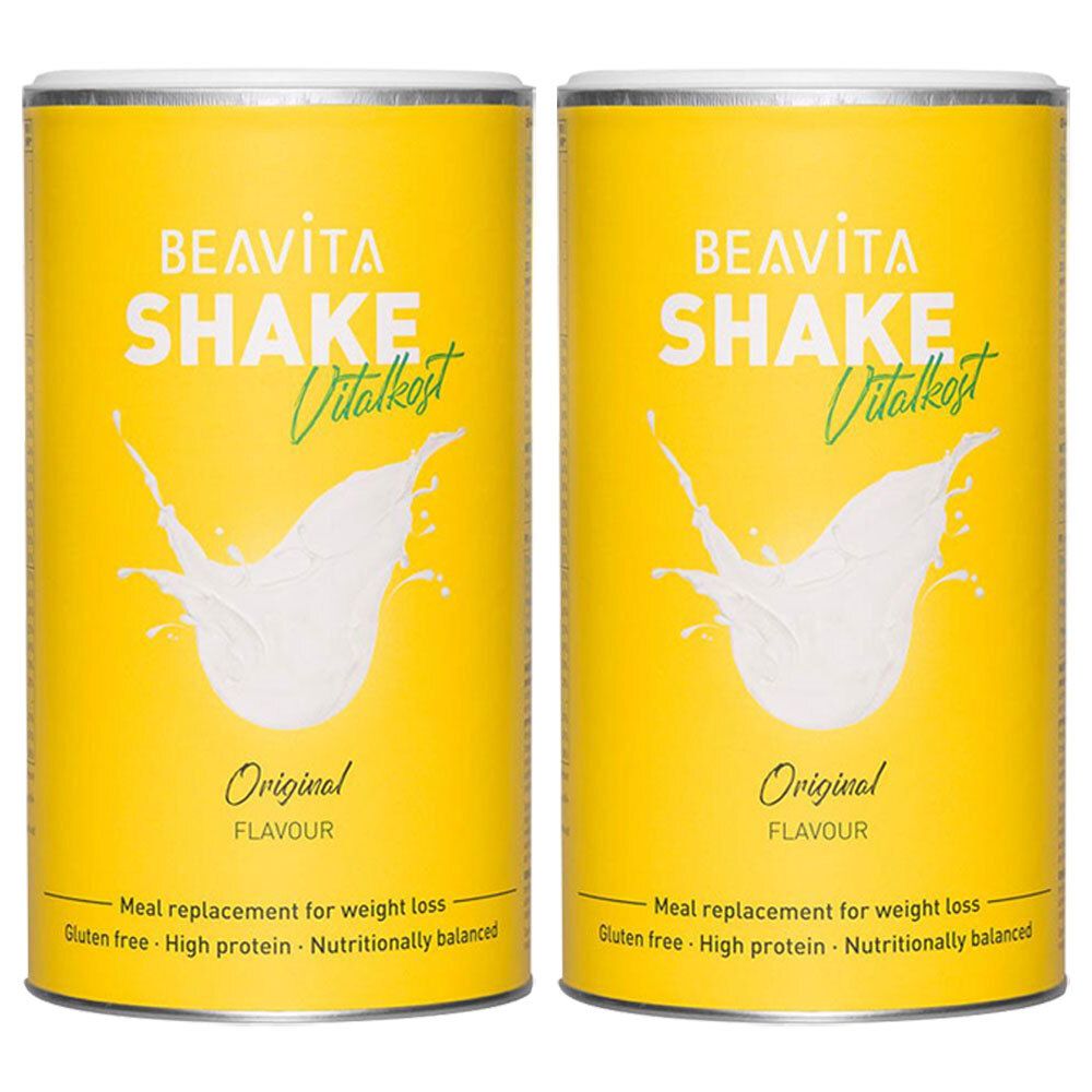 Twee gele blikken met de tekst BEAVITA SHAKE Vitalkost. Opschrift: Original, Flavour. Opmerking: maaltijdvervanger voor gewichtsverlies.