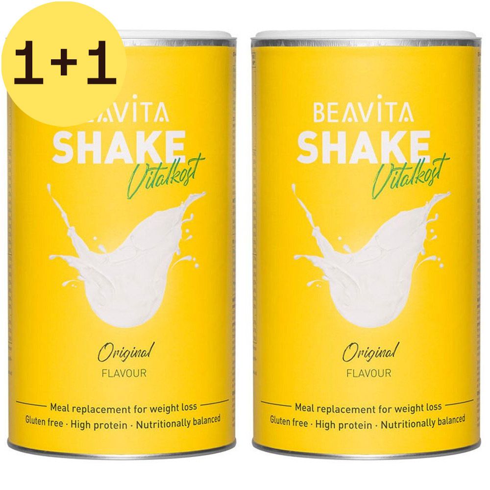 Twee gele blikken met witte deksels. Opschrift: BEAVITA SHAKE Vitalkost, Original. Tekst: Meal replacement for weight loss, glutenvrij, eiwitrijk.