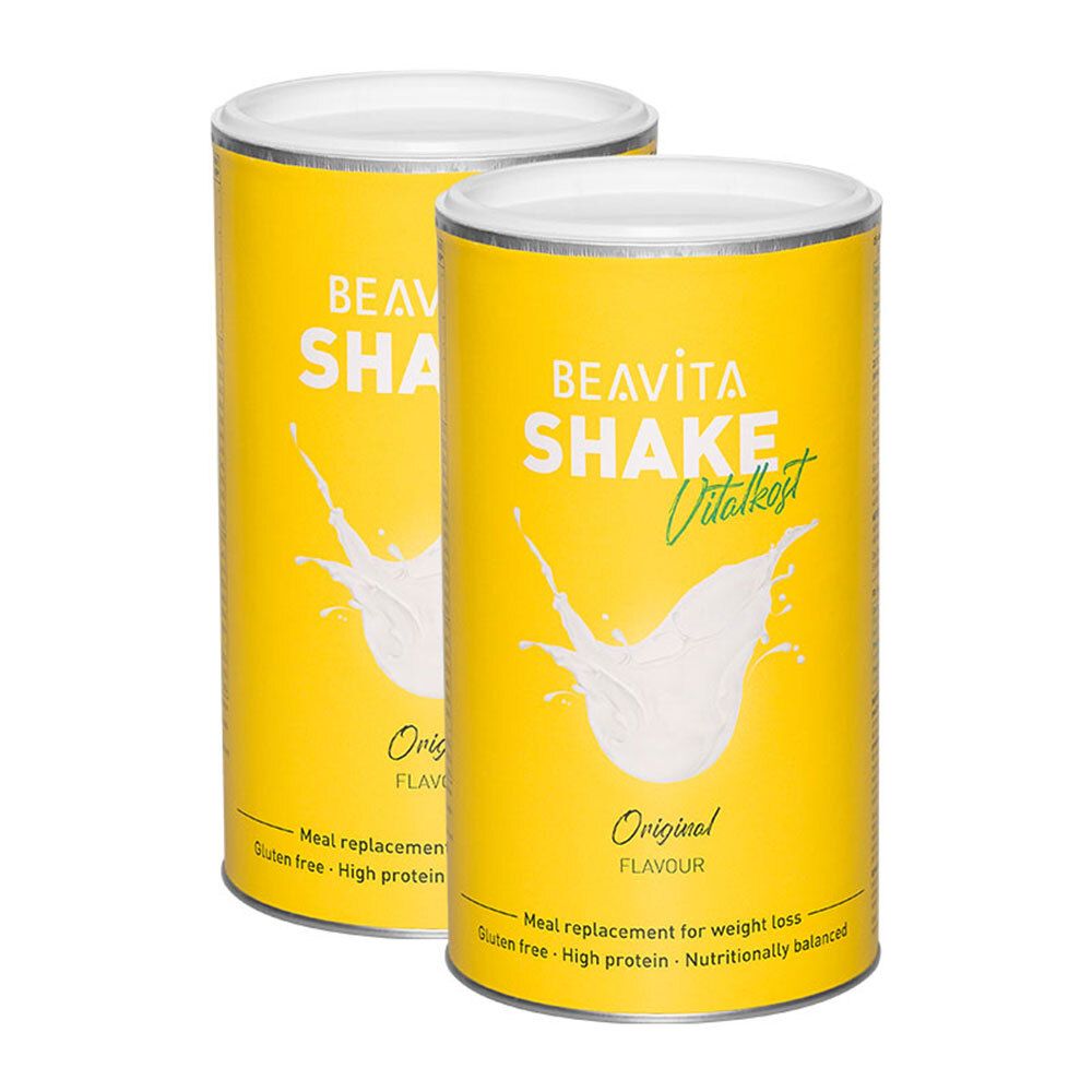 Deux boîtes jaunes BEAVITA Shake Original. Inscription : Shake Vitalkost, Original Flavour. Avec motif éclaboussure blanche.