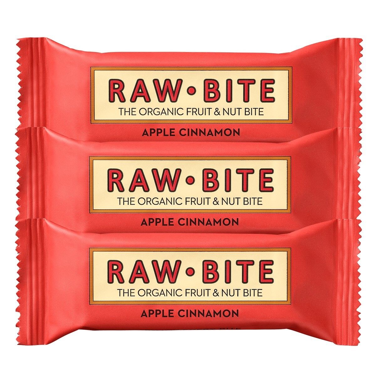 Drie verpakte repen. Rode verpakking met opschrift RAWBITE, appel en kaneel.