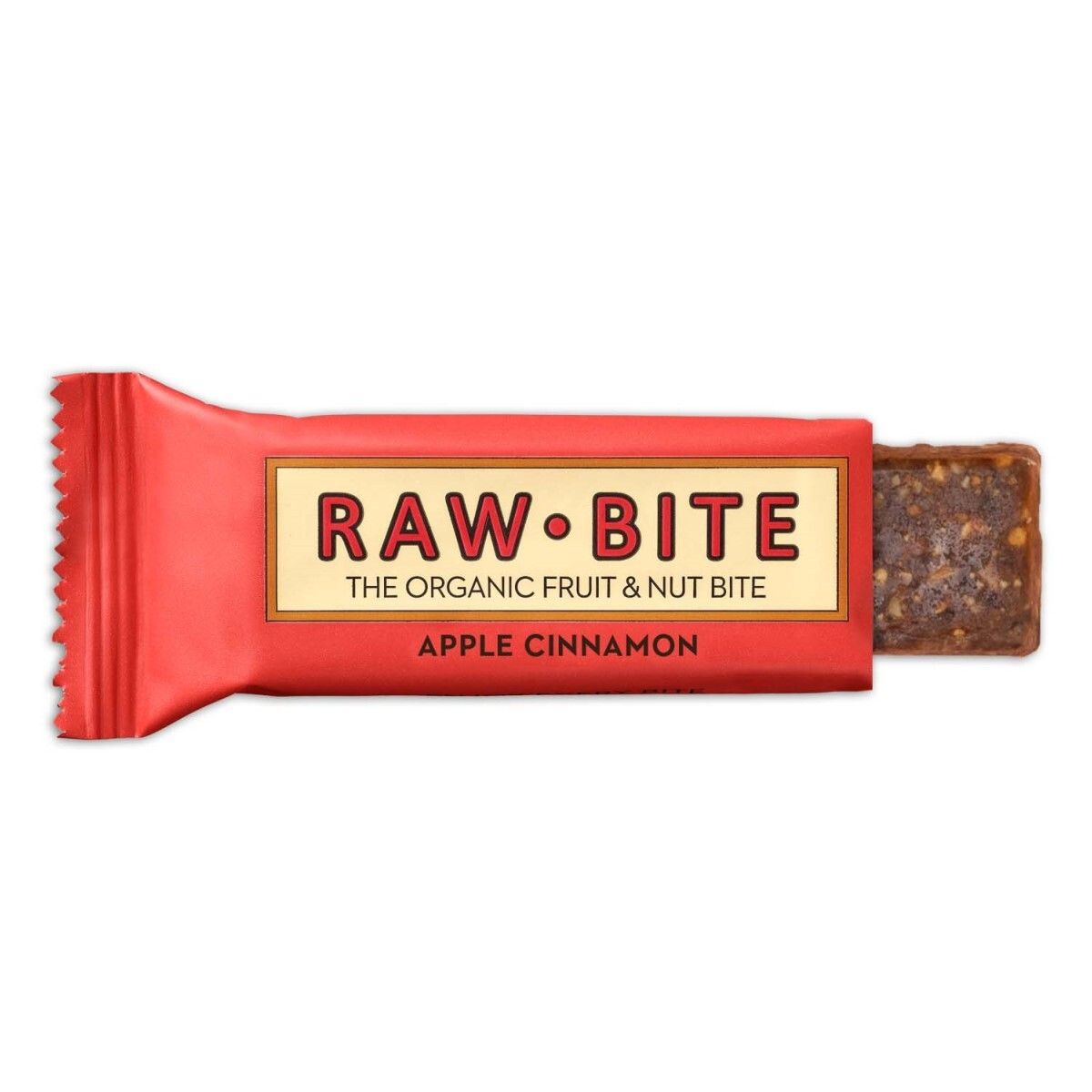 Gedeeltelijk geopende reepverpakking. Opschrift RAWBITE, appel en kaneel.