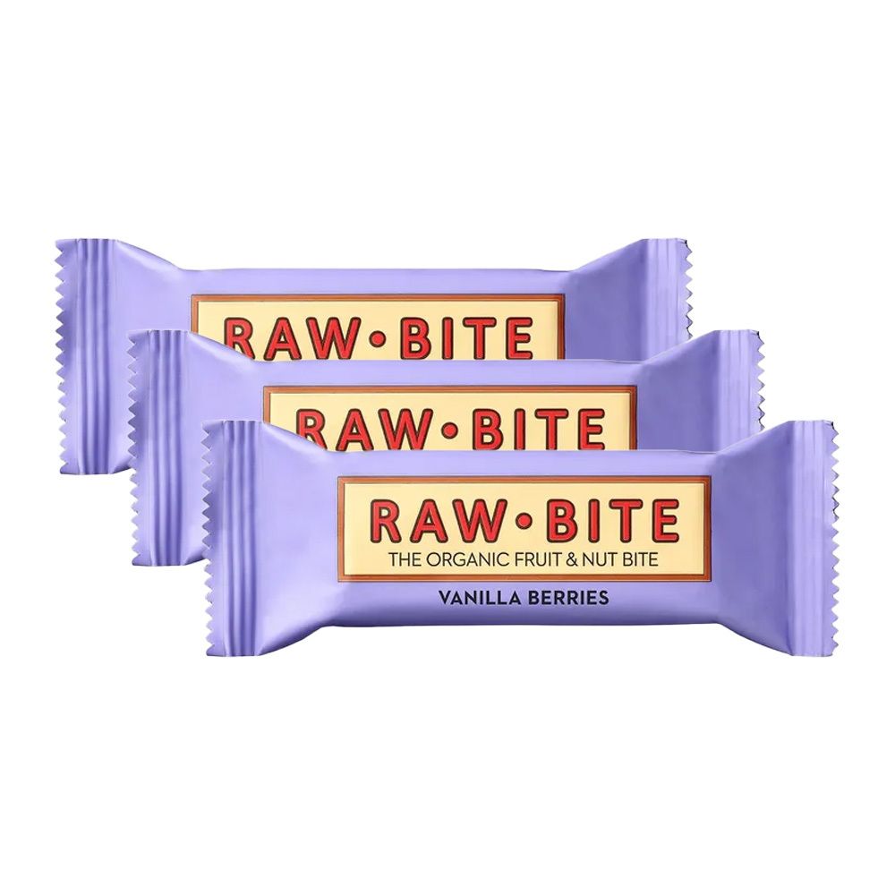 Drie repen in paarse verpakking. Opschrift: RAW BITE, Vanilla Berries.