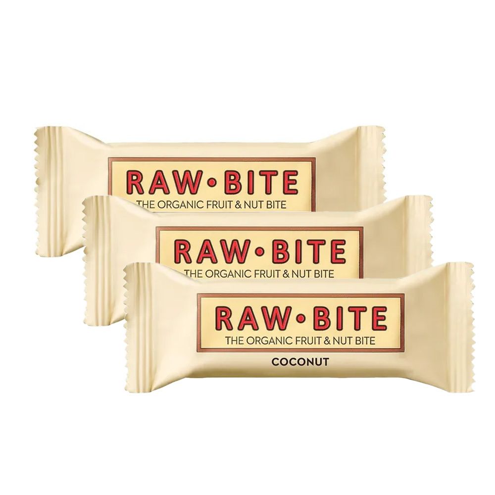 Drie Raw Bite Kokusnuss repen in crème verpakking. Opschrift: Raw Bite, kokos. Biologische fruit- en notenreep.