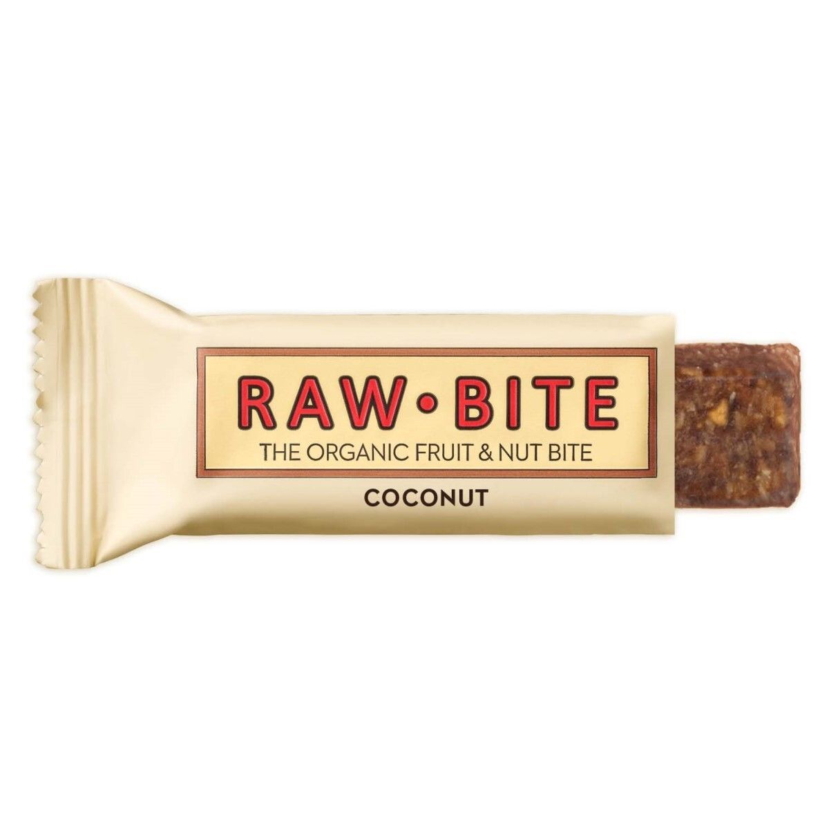 Raw Bite Kokusnuss reep, gedeeltelijk geopend. Crème verpakking. Opschrift: Raw Bite, kokos. Biologische fruit- en notenreep.