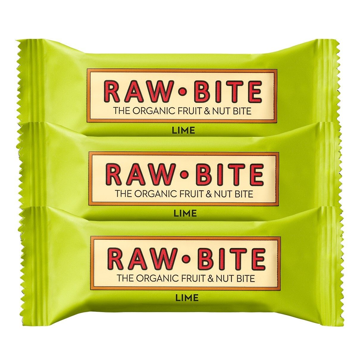 Drie groene repen met de tekst "RAW BITE". Opschrift: "THE ORGANIC FRUIT & NUT BITE" en "LIME".