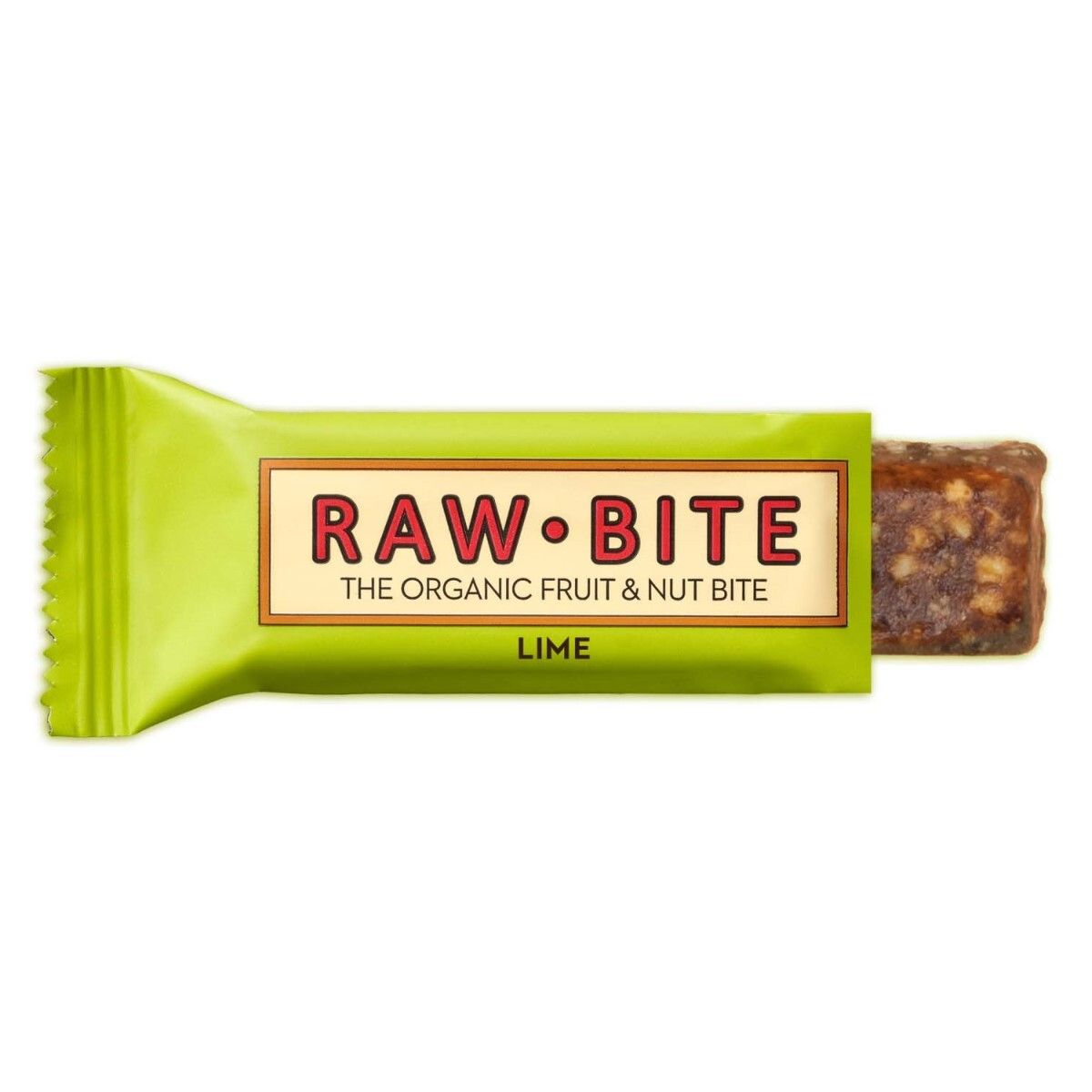 Groene reep met de tekst "RAW BITE". Opschrift: "THE ORGANIC FRUIT & NUT BITE" en "LIME". Open verpakking.