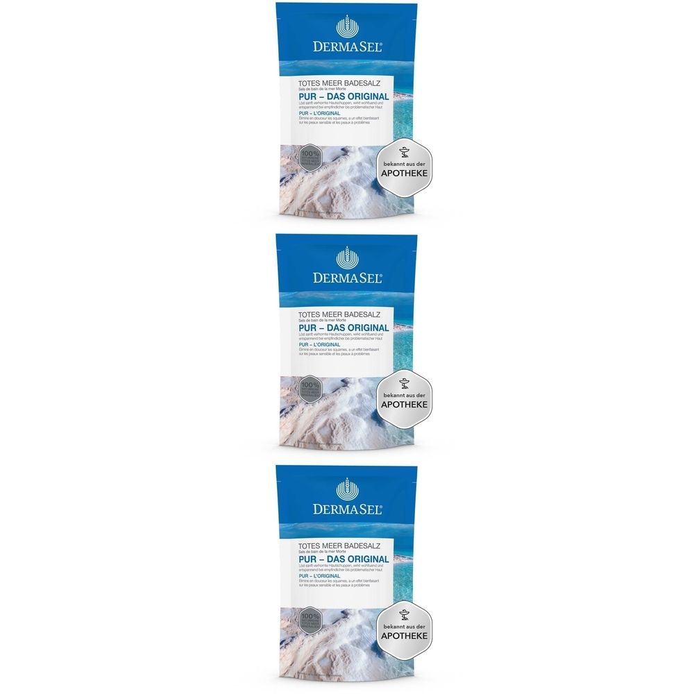 Trois paquets de DERMASEL® Sel de bain de la mer Morte PUR - L'ORIGINAL.