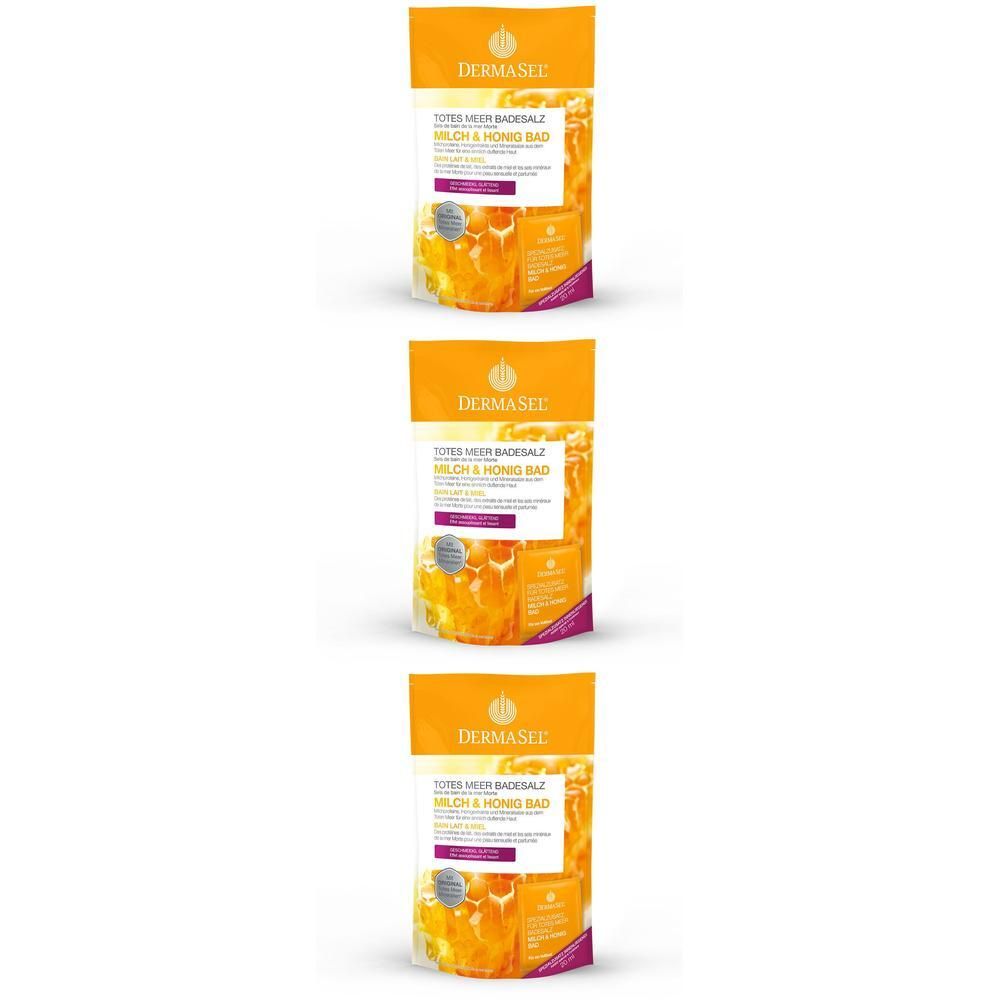 Drie pakken DERMASEL® SPA Melk & Honing badzout met honingraatpatroon.
