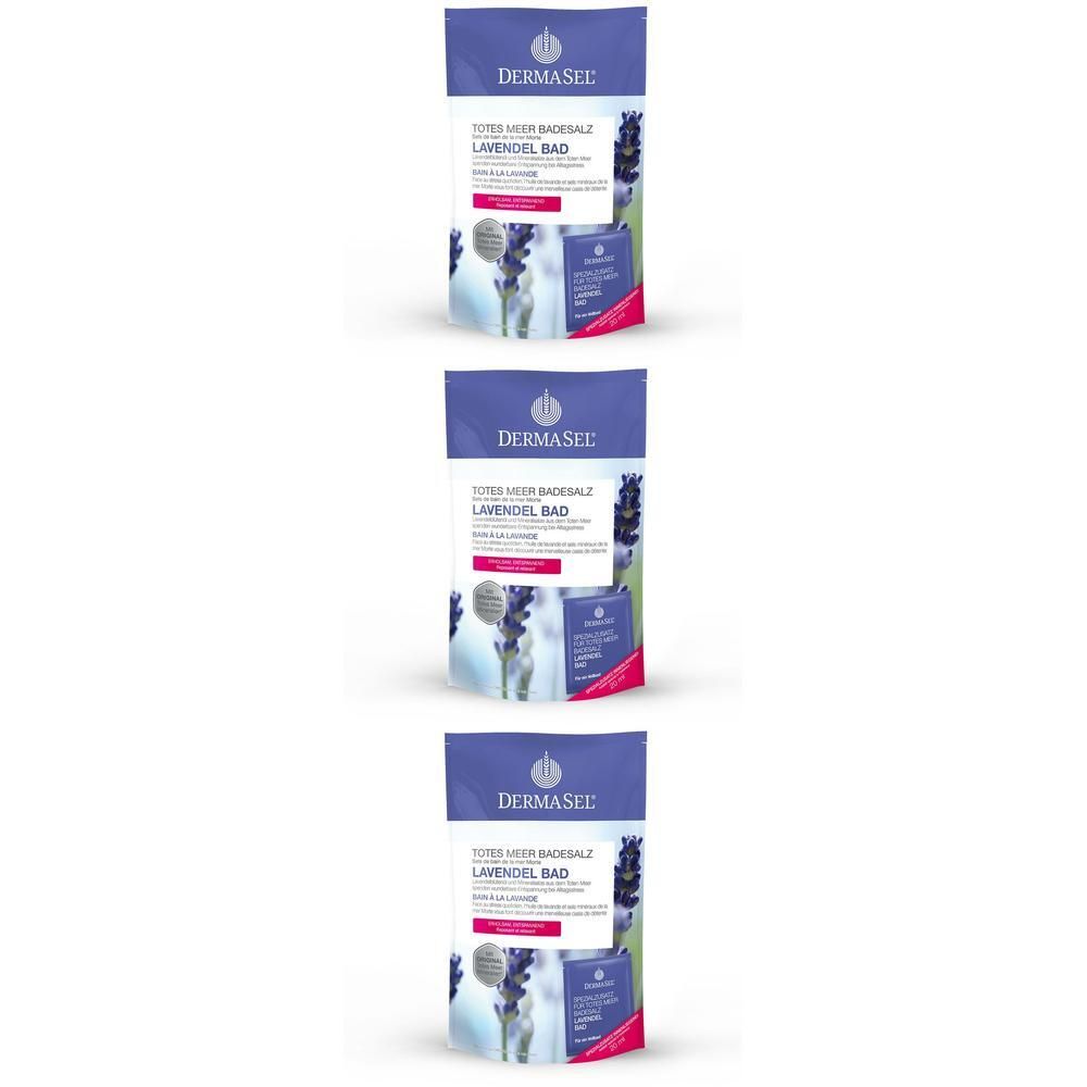 Drie pakken DERMASEL® SPA Lavendel Bad met lavendelafbeelding.