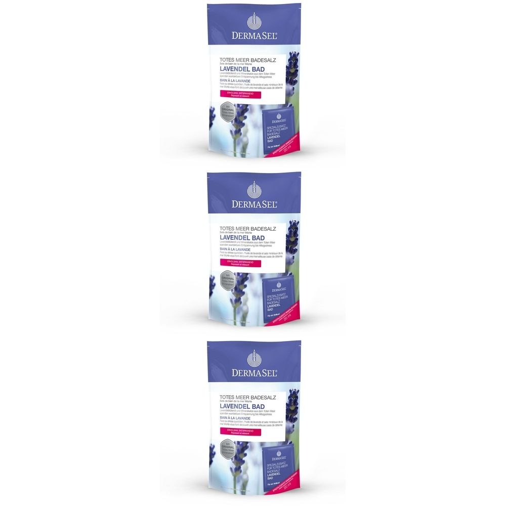 Trois paquets de DERMASEL® SPA Bain à la Lavande avec motif lavande.