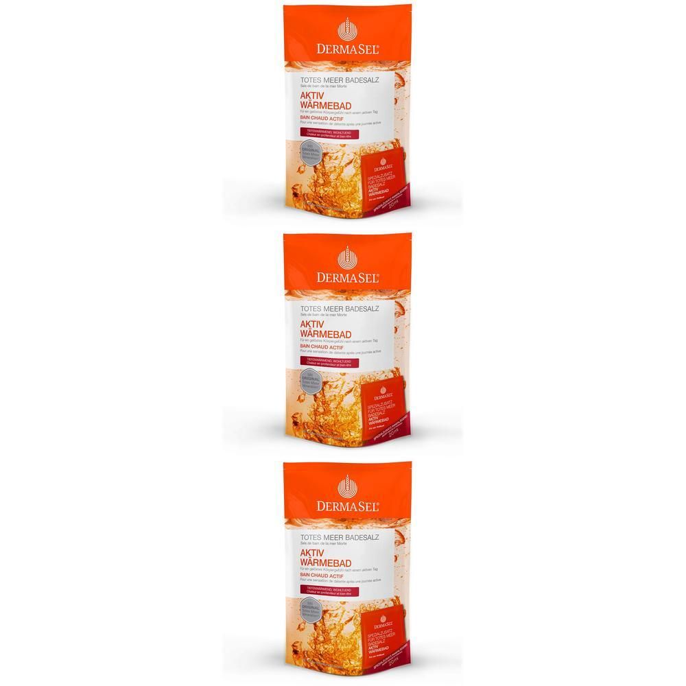 Trois paquets de sel de bain thérapeutique DERMASEL® SPA Aktiv Wärmebad avec inscription orange.