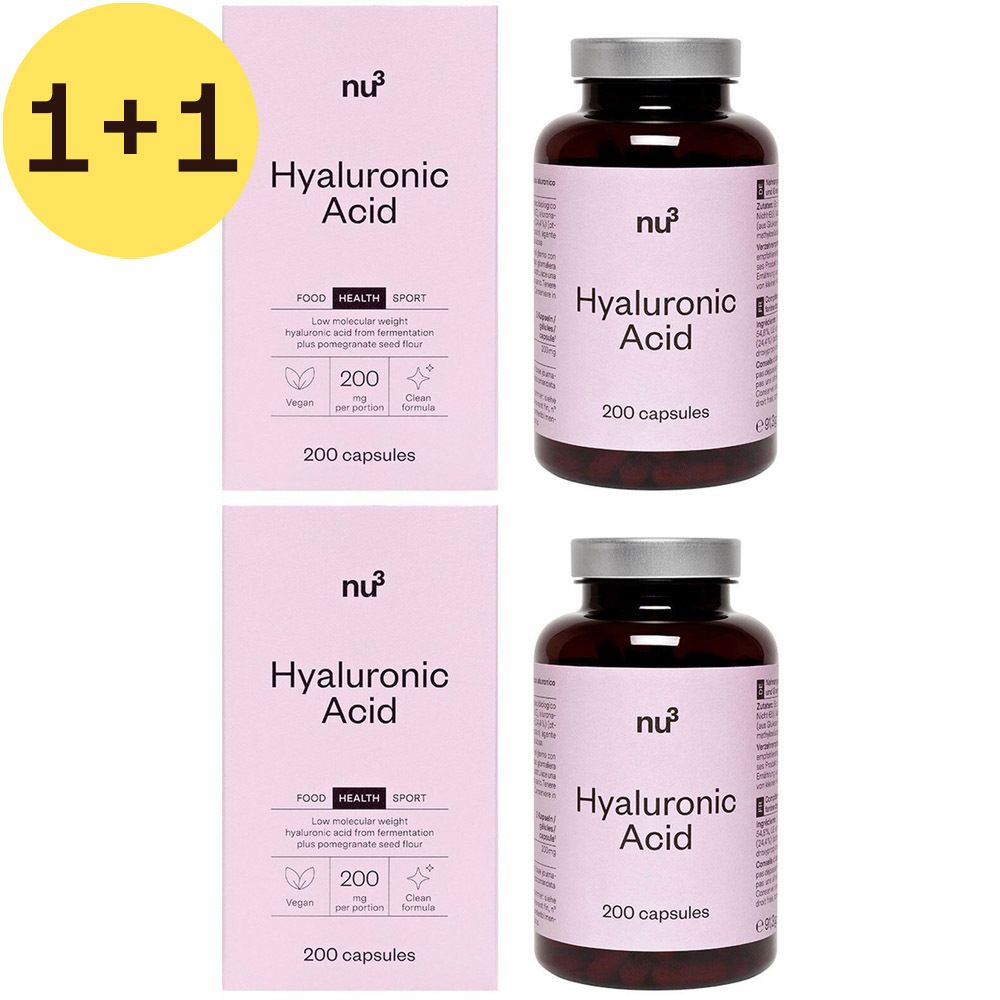 Twee verpakkingen en twee flessen. Opschrift: nu3 Hyaluronzuur, 200 capsules. Gele sticker: 1+1.