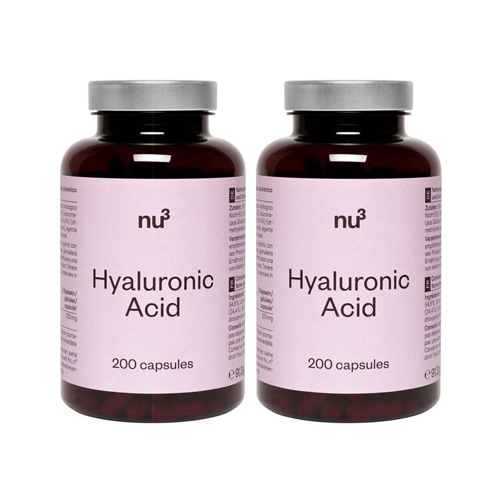 Twee bruinglazen flessen met zilveren doppen. Opschrift: nu3 Hyaluronzuur, 200 capsules.