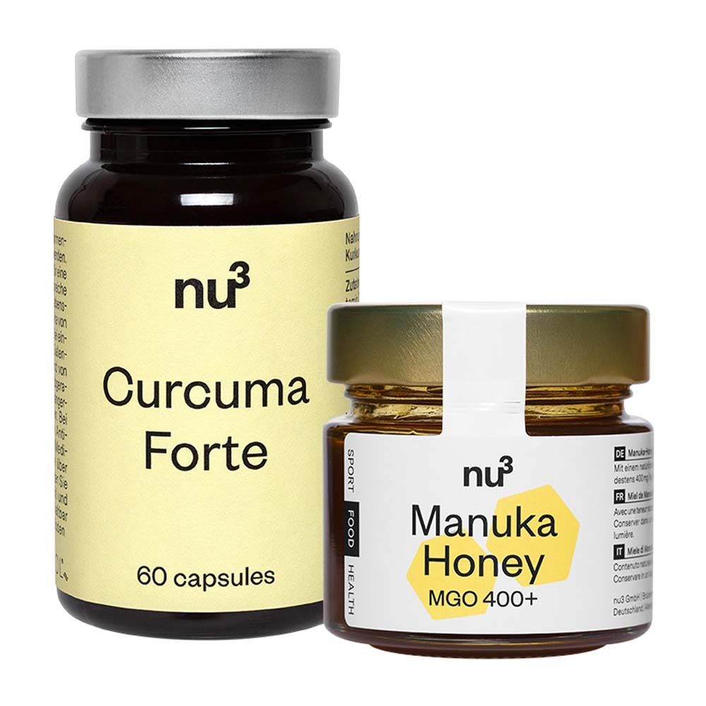 Deux contenants nu3 : une bouteille en verre marron avec "Curcuma Forte" et un pot de miel avec "Manuka Honey MGO 400+".