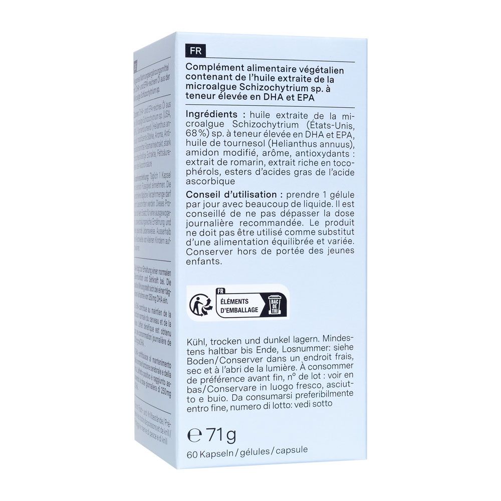 Dos de l'emballage avec ingrédients et conseils d'utilisation des gélules Omega-3 vegan.