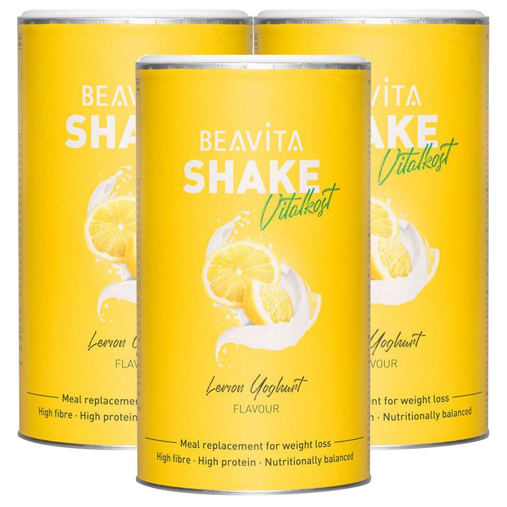 Drie gele blikken BEAVITA Shake Citroen-Yoghurt smaak. Maaltijdvervanger voor gewichtsverlies.