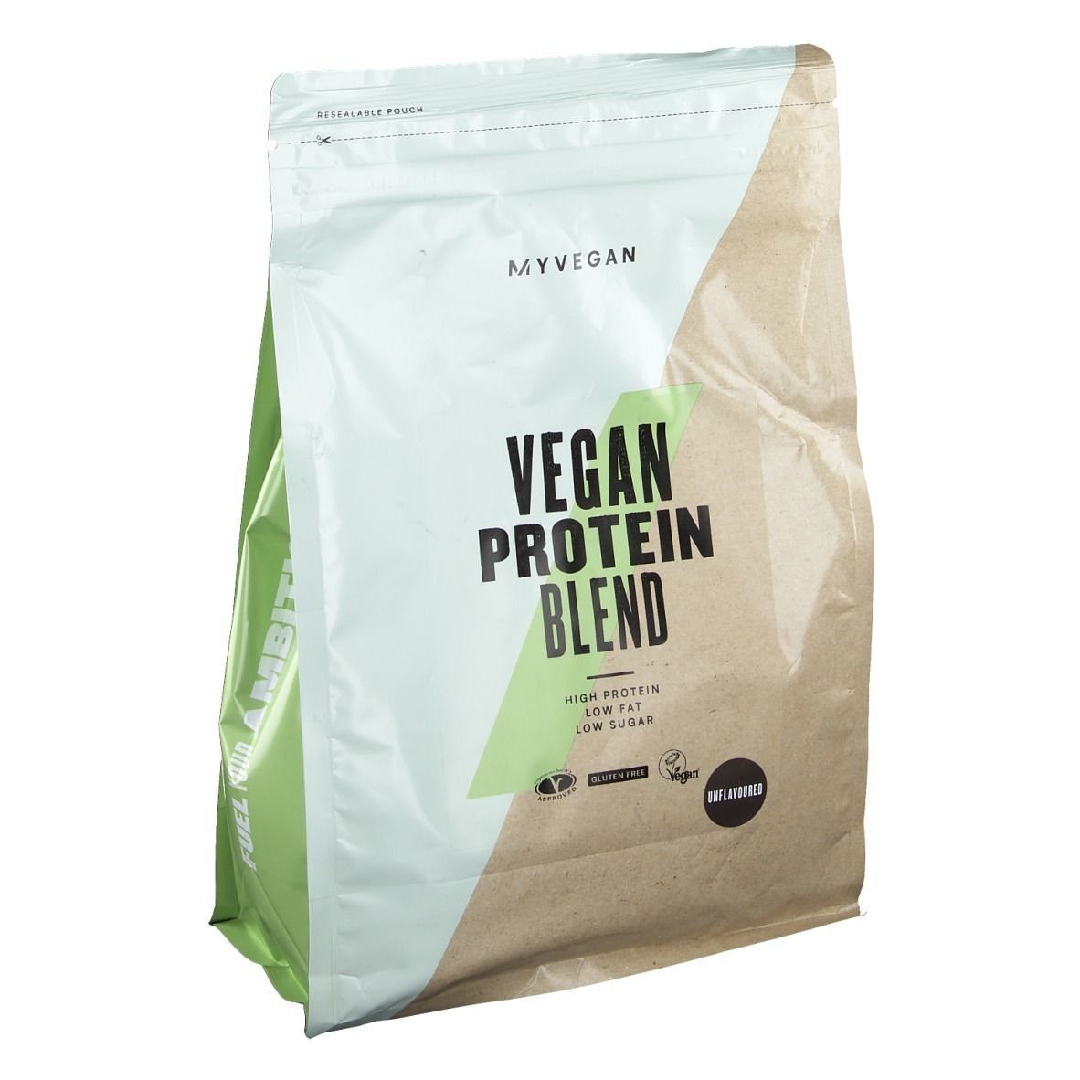 Myprotein Vegan Protein Blend zak met opdruk. Rijk aan eiwitten, laag in vet, laag in suiker.