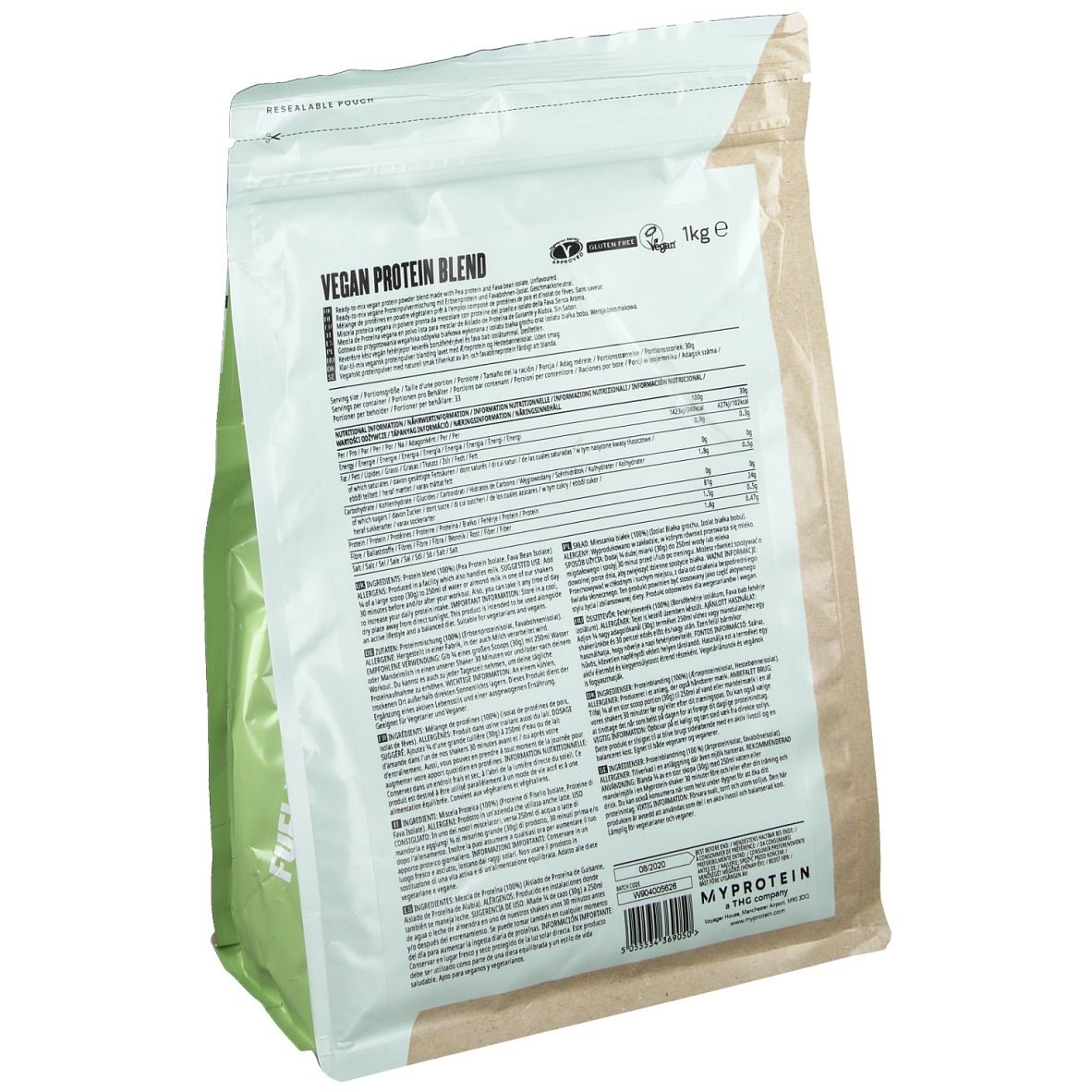 Achterkant van de Myprotein Vegan Protein Blend zak met voedingswaarden en certificeringen.
