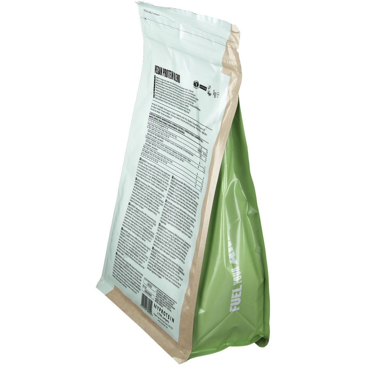 Myprotein Vegan Protein Blend zak van achteren links. "Fuel Your Ambition" opdruk.