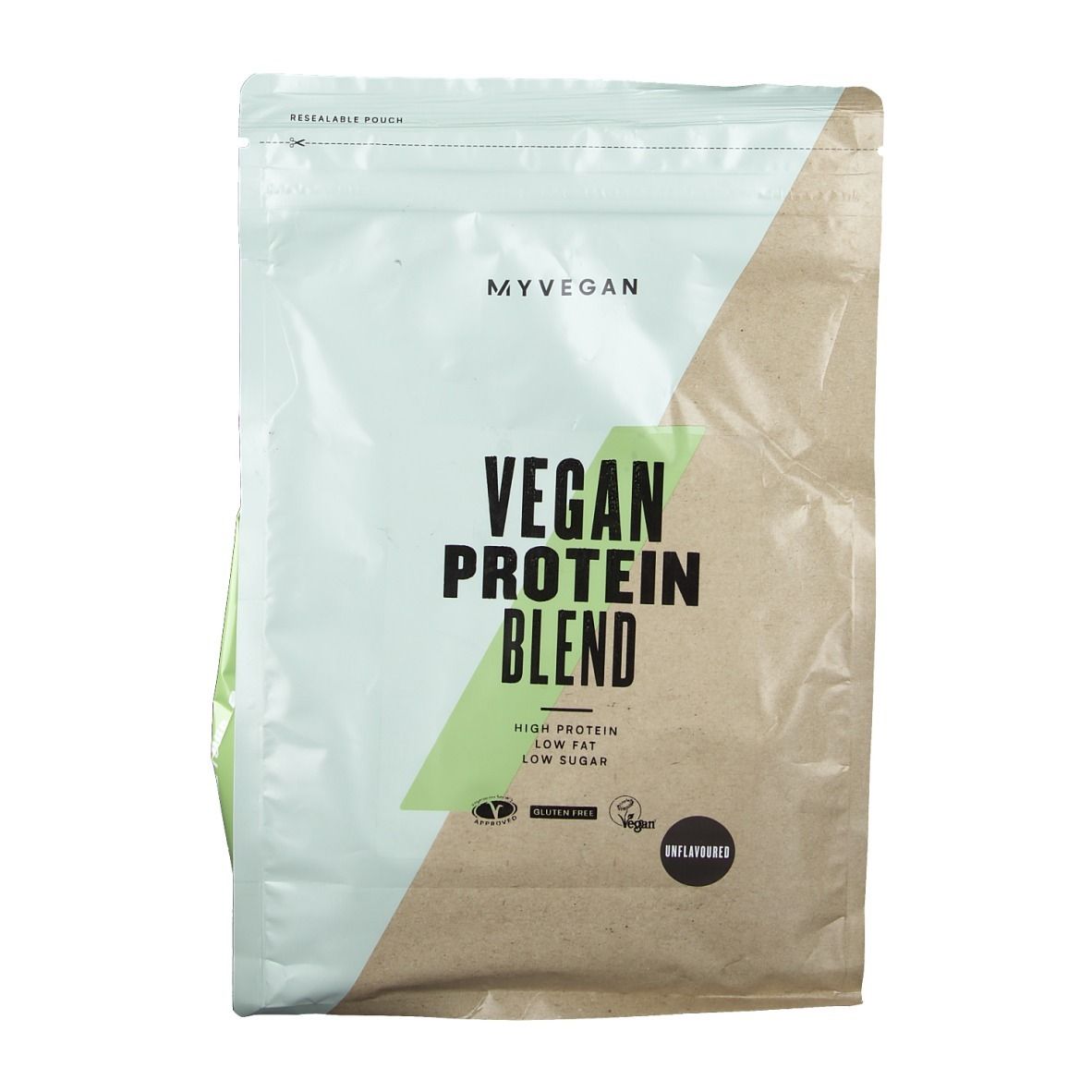 Myprotein Vegan Protein Blend zak. "Unflavoured" aanduiding en logo's.
