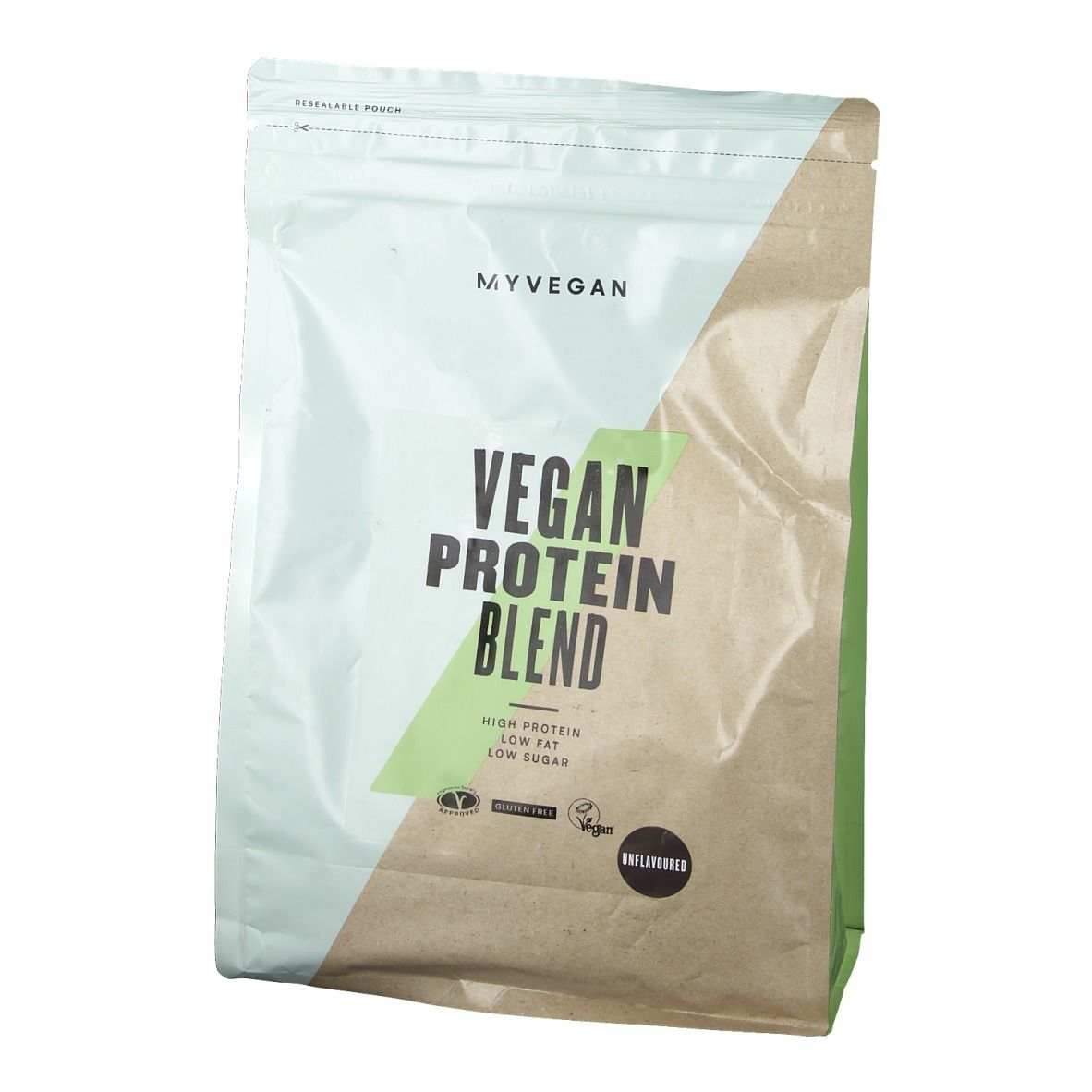 Myprotein Vegan Protein Blend zak met logo's voor "Gluten Free" en "Vegan".