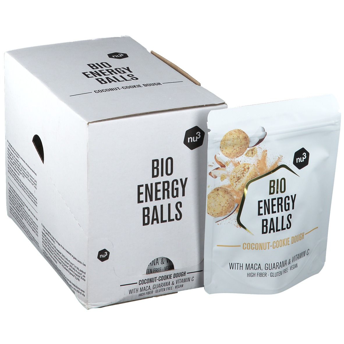 Emballage en carton blanc avec texte "BIO ENERGY BALLS". À côté, un sachet avec image du produit et texte. Inscriptions : "Coconut-Cookie Dough", "Maca, Guarana & Vitamin C".