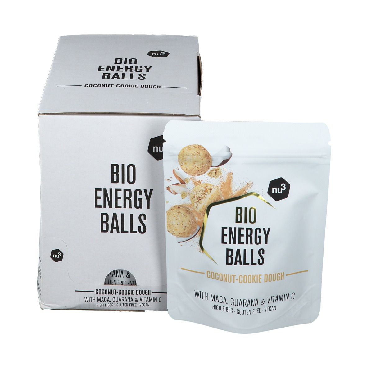 Emballage en carton et sachet de produit. Inscriptions : "BIO ENERGY BALLS", "Coconut-Cookie Dough", "Maca, Guarana & Vitamin C". Image du produit sur le sachet.