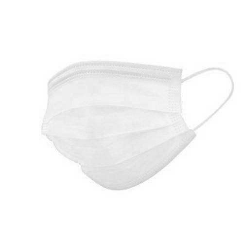 Wegwerp gezichtsmasker, wit, drielaags, met oorlussen. Gevouwen, van opzij gezien.