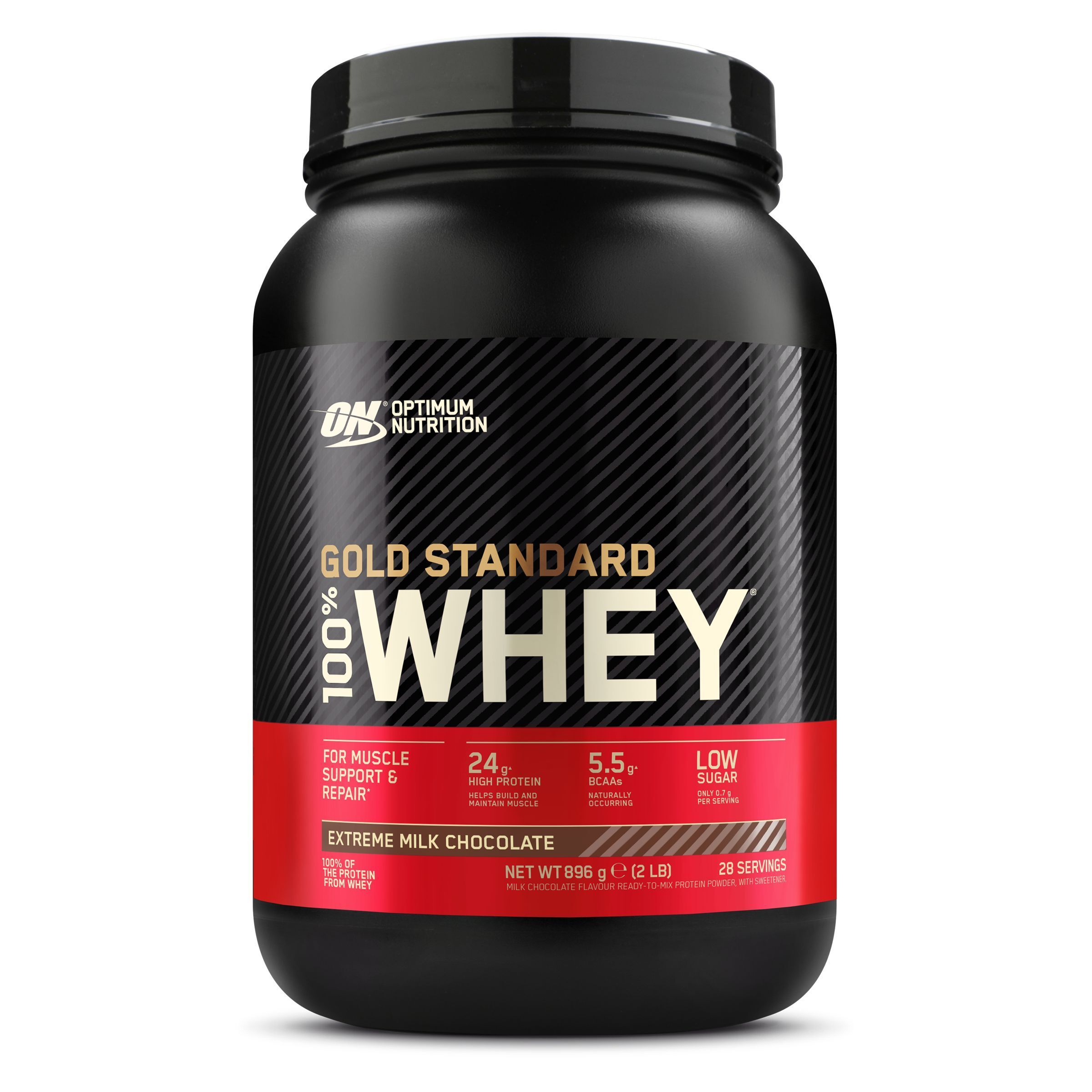 Zwarte container met Optimum Nutrition Gold Standard 100% Whey Protein, Extreme Milk Chocolate.