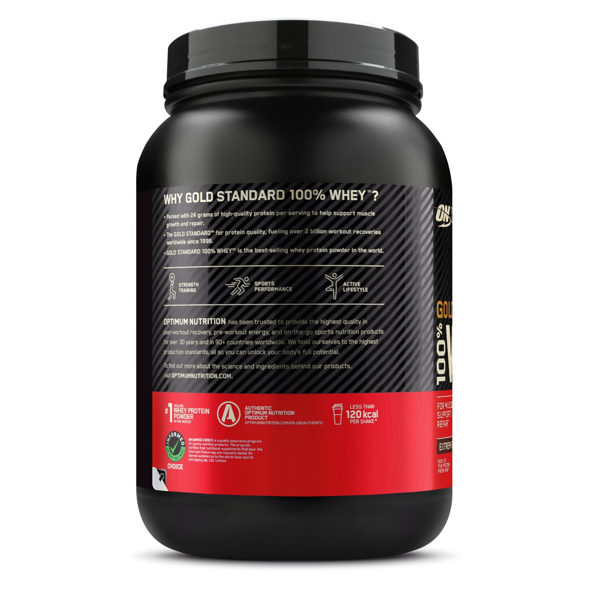 Achterkant van een zwarte container van Optimum Nutrition Gold Standard 100% Whey Protein.