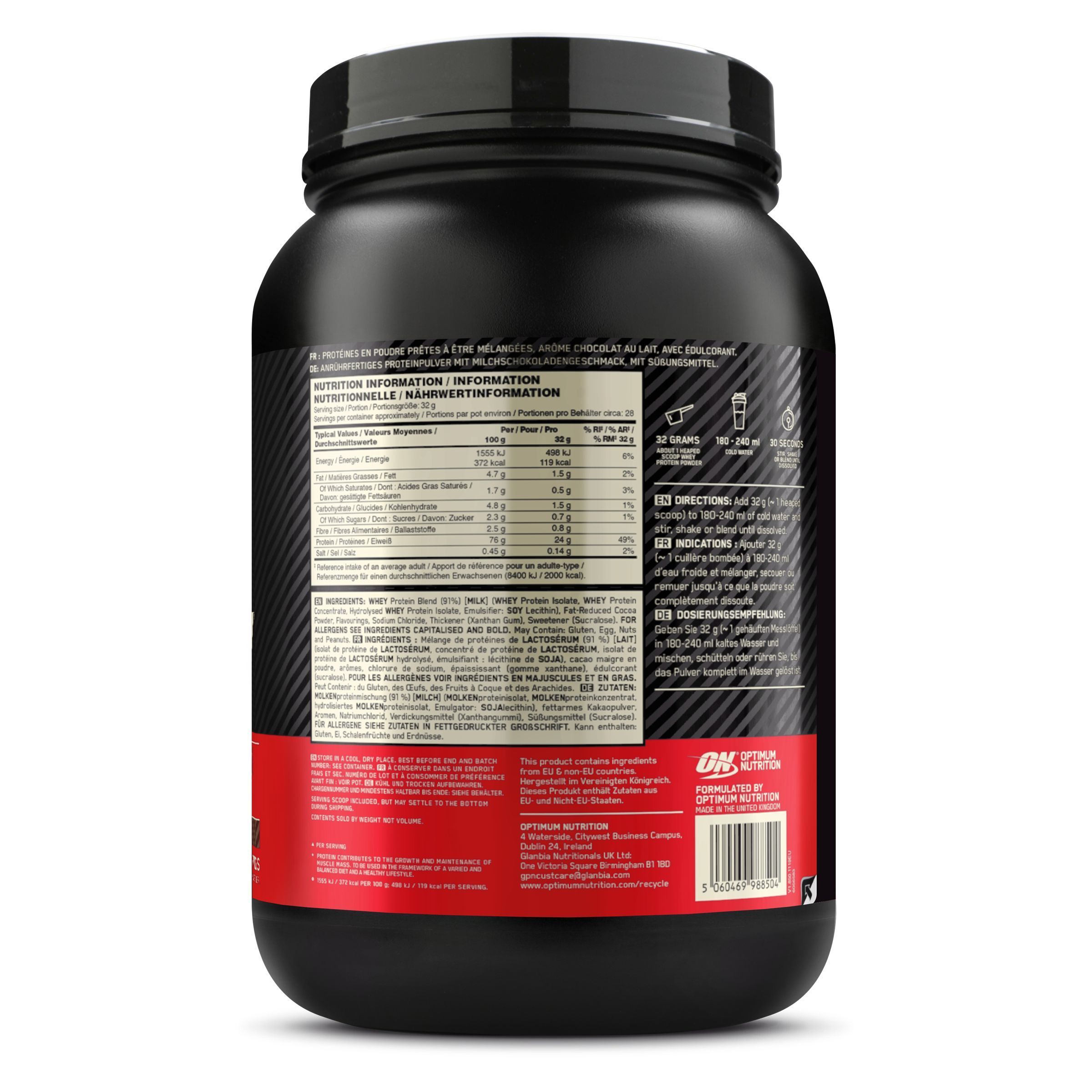 Achterkant van een zwarte container van Optimum Nutrition Gold Standard 100% Whey Protein met voedingsinformatie.