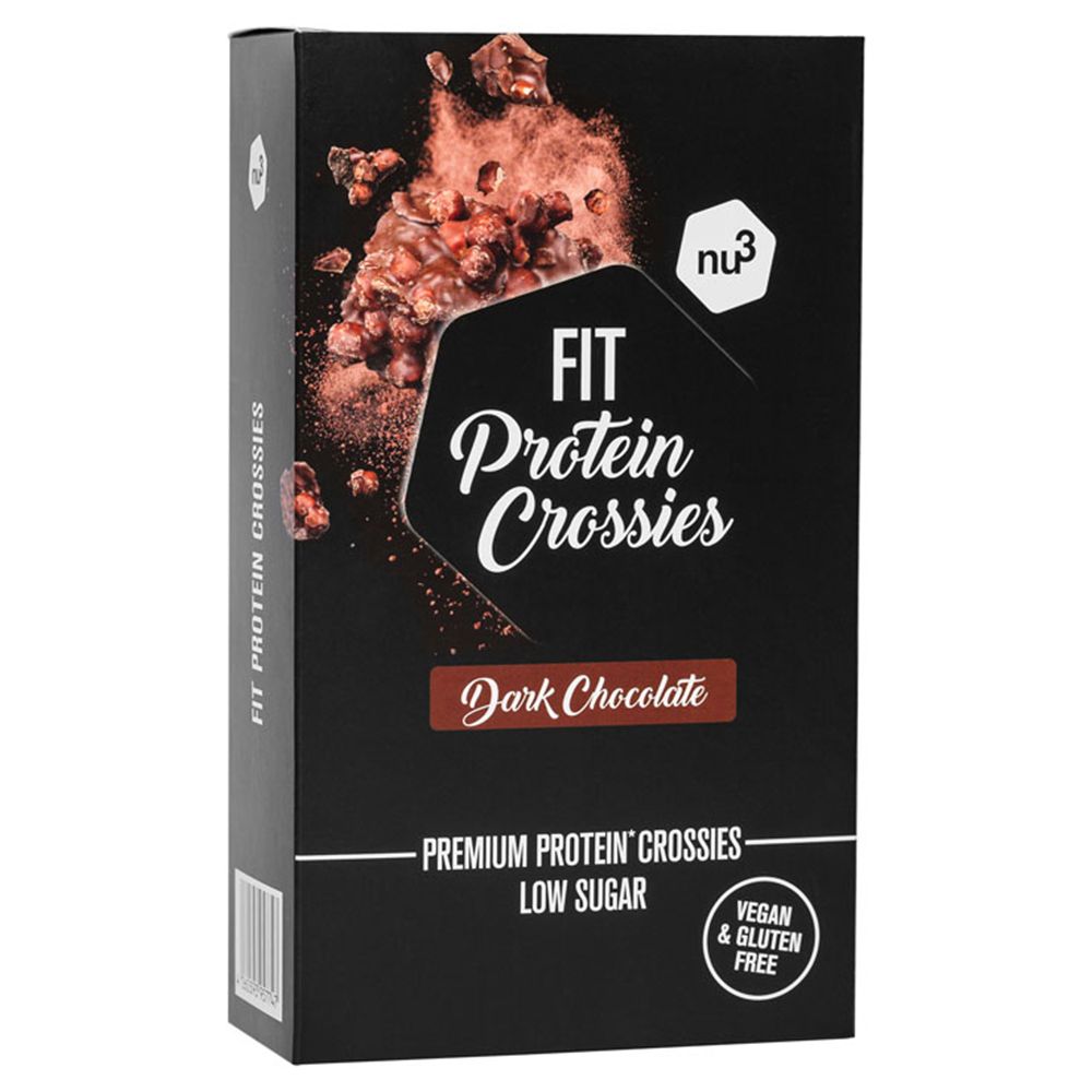 Zwarte verpakking met « FIT Protein Crossies ». Tekst: Dark Chocolate, Premium Protein Crossies, Low Sugar, Vegan & Gluten Free.