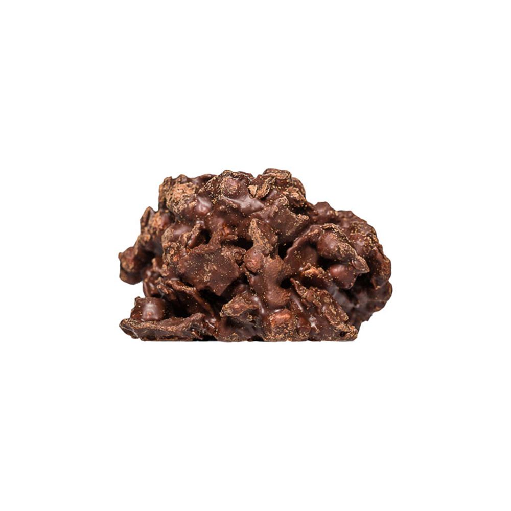 Close-up van een Protein Crossie. Chocoladecoating met een onregelmatige vorm.