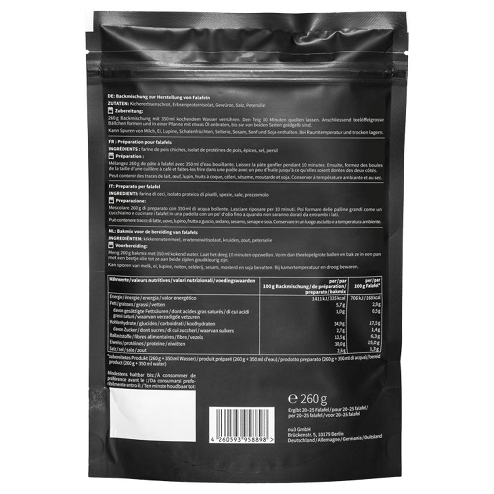 Zwarte verpakking met tekst en voedingswaarde. Opschrift: Bereiding van falafel. Gewicht: 260g.