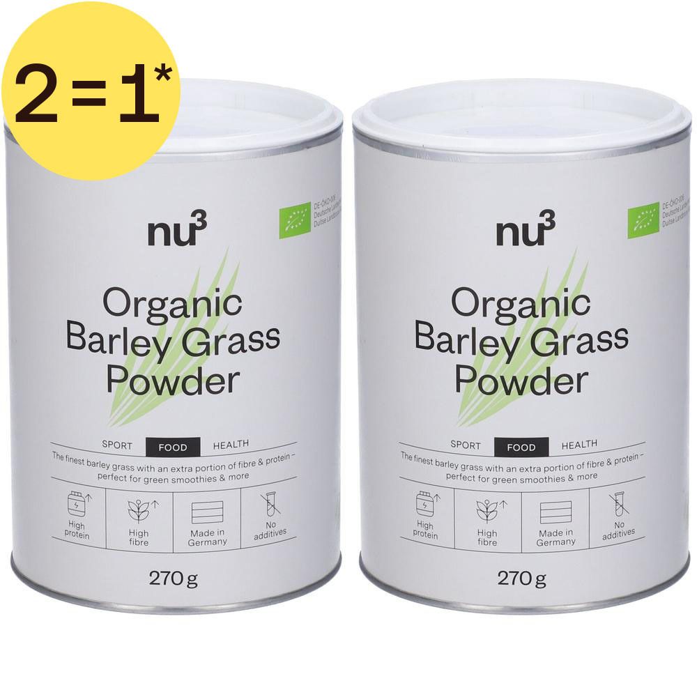 Twee blikken nu3 biologisch gerstegraspoeder, 270g, met gele sticker '2=1*'.