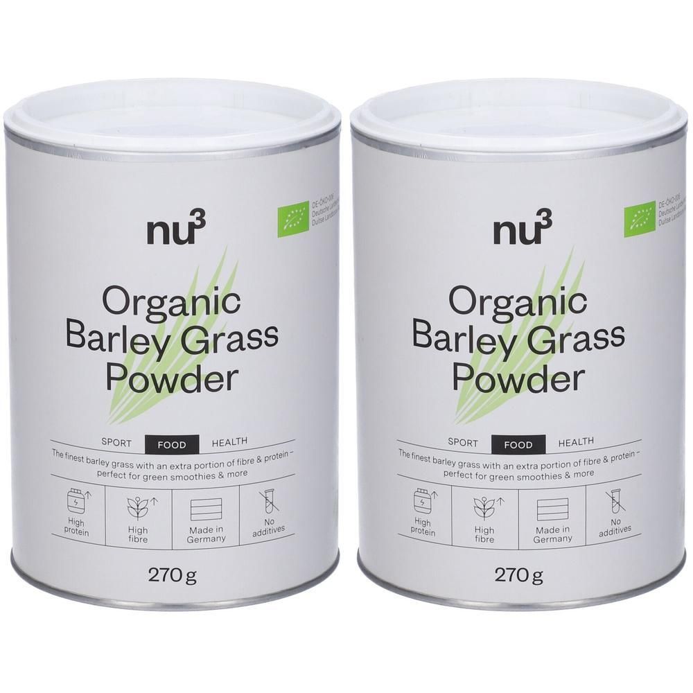 Twee blikken nu3 Bio Gerstengras poeder. Witte blikken met groen etiket. Opschrift: Organic Barley Grass Powder, 270g.