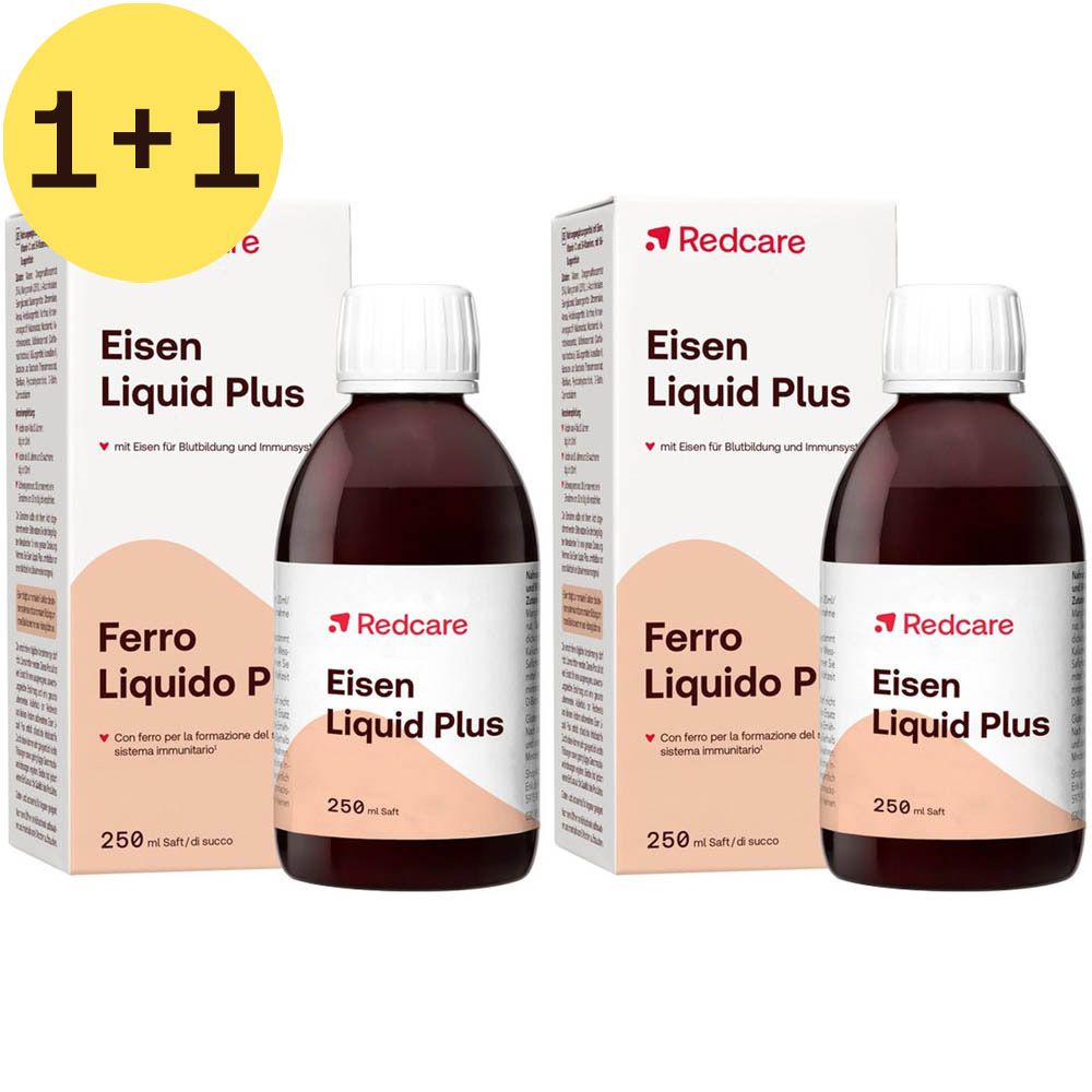 Twee flessen en twee dozen Redcare Eisen Liquid Plus. Productnaam en logo zichtbaar.