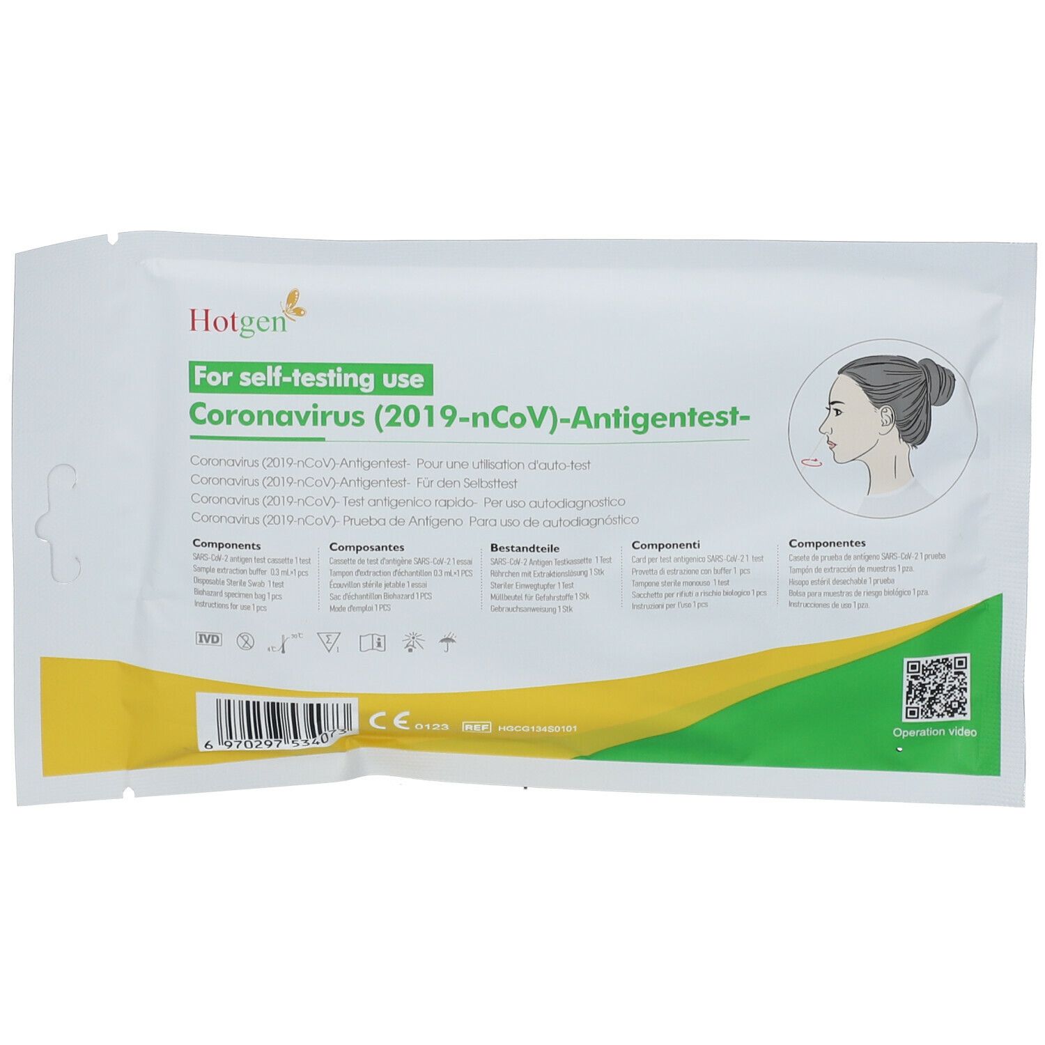 Emballage du test antigénique Hotgen Covid-19. Comprend une cassette de test. Avec illustration d'une personne. Code QR.