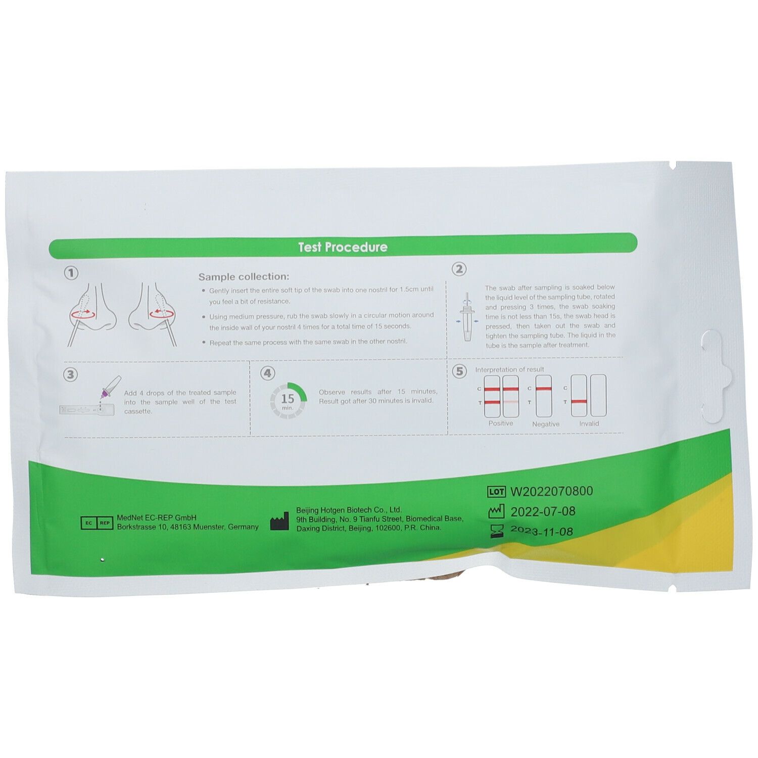 Dos de l'emballage du test antigénique Hotgen Covid-19. Affiche la procédure de test avec des schémas et du texte. Date de production.