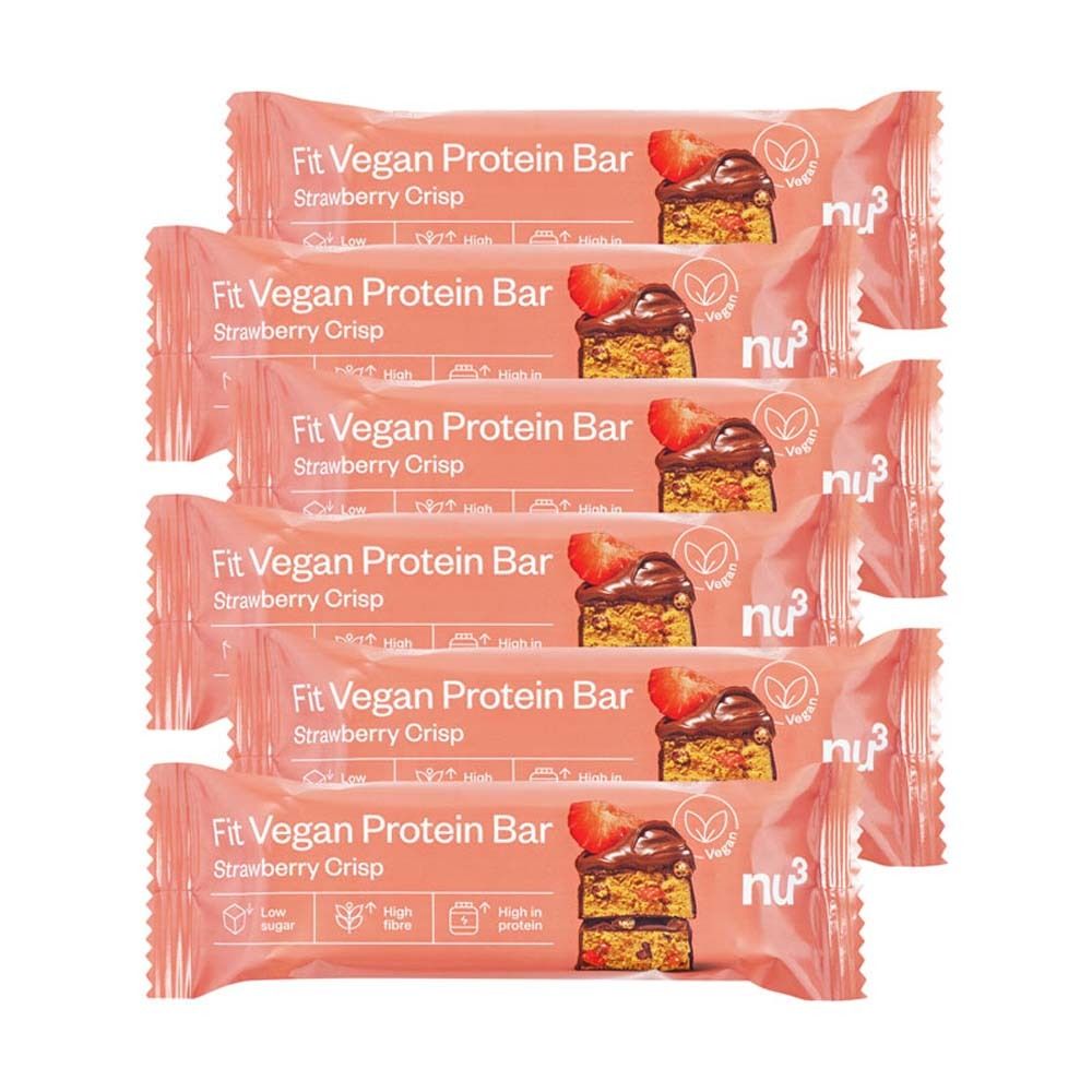 Six barres protéinées emballées, emballage rose avec nom et logo du produit. Saveur de fraise croustillante.