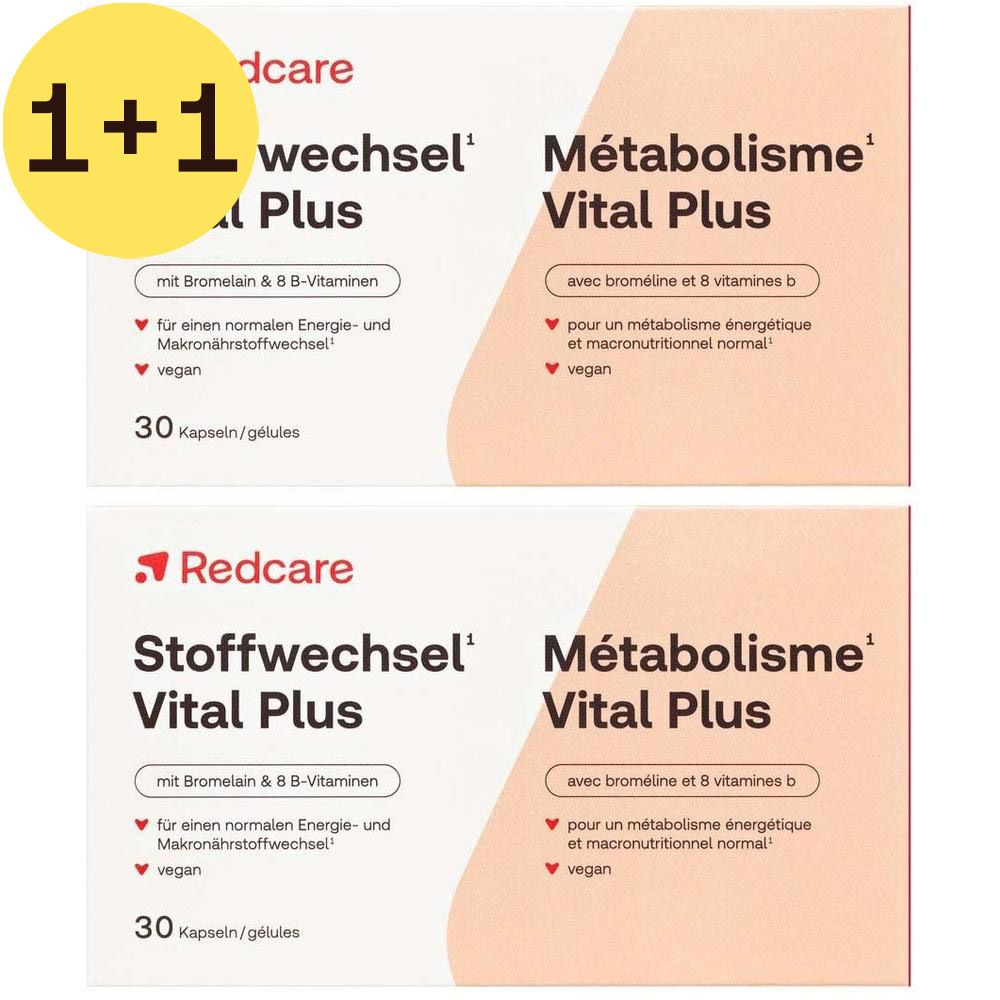 Deux boîtes de Redcare Stoffwechsel Vital Plus. Inscription : 30 capsules/gélules.