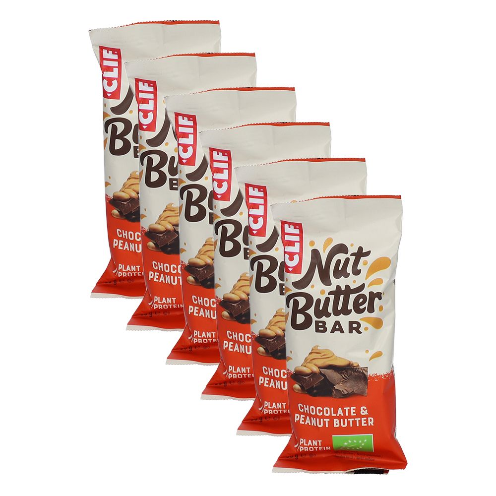 Zes CLIF Nut Butter repen. Verpakking met opschrift "Chocolate & Peanut Butter". Biologisch label.