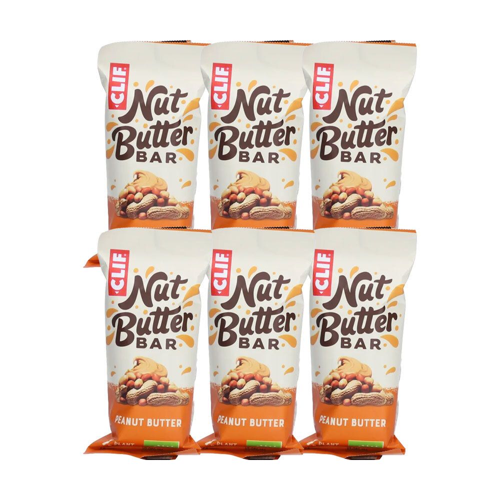 Zes CLIF Nut Butter Bar repen, pindakaas smaak, in een verpakking. Witte verpakking met logo en productnaam.