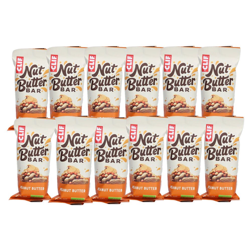 Meerdere verpakkingen CLIF Nut Butter Bar, pindakaas smaak. Verpakking met productafbeelding en tekst.