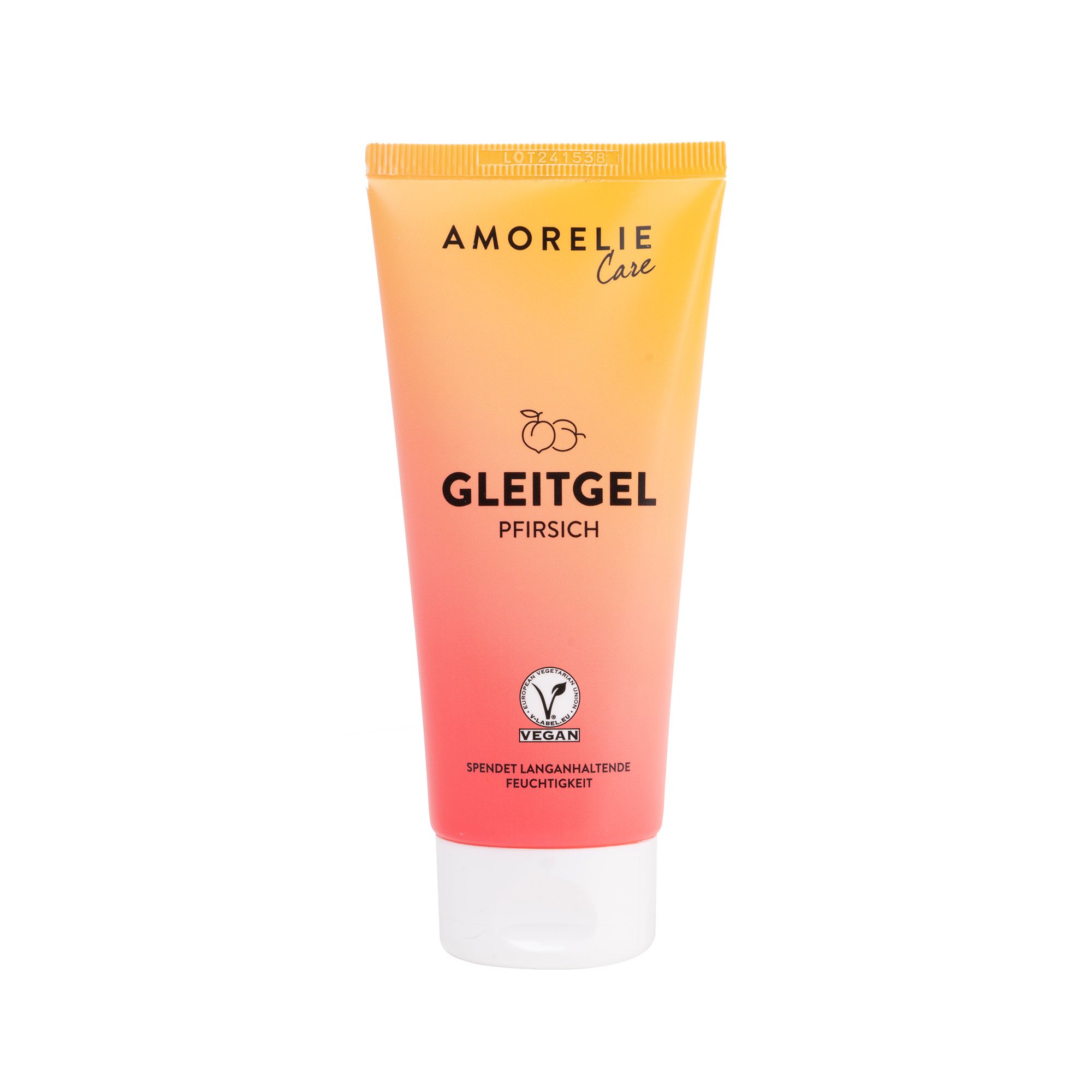 Tube AMORELIE Care Gleitgel Pfirsich. Dégradé jaune-rose. Logo vegan.