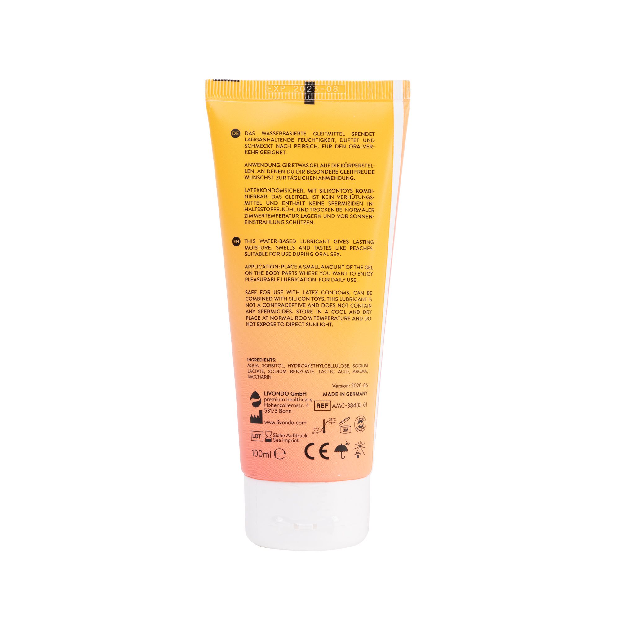 Dos du tube AMORELIE Care Gleitgel Pfirsich. Texte en allemand et anglais. Ingrédients, 100ml.