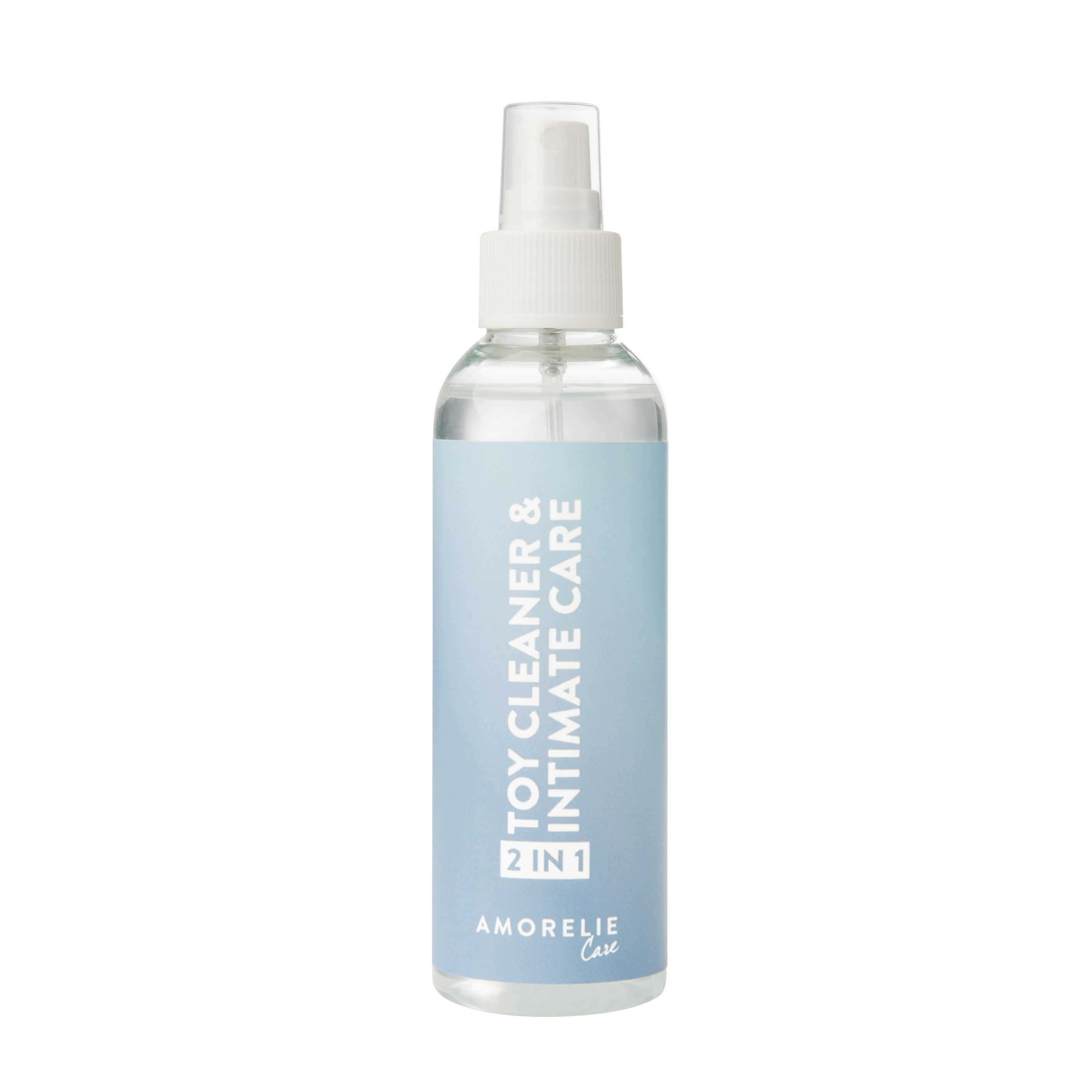 Fles met verstuiver. Opschrift: TOY CLEANER & INTIMATE CARE 2 IN 1. Merk: AMORELIE Care.
