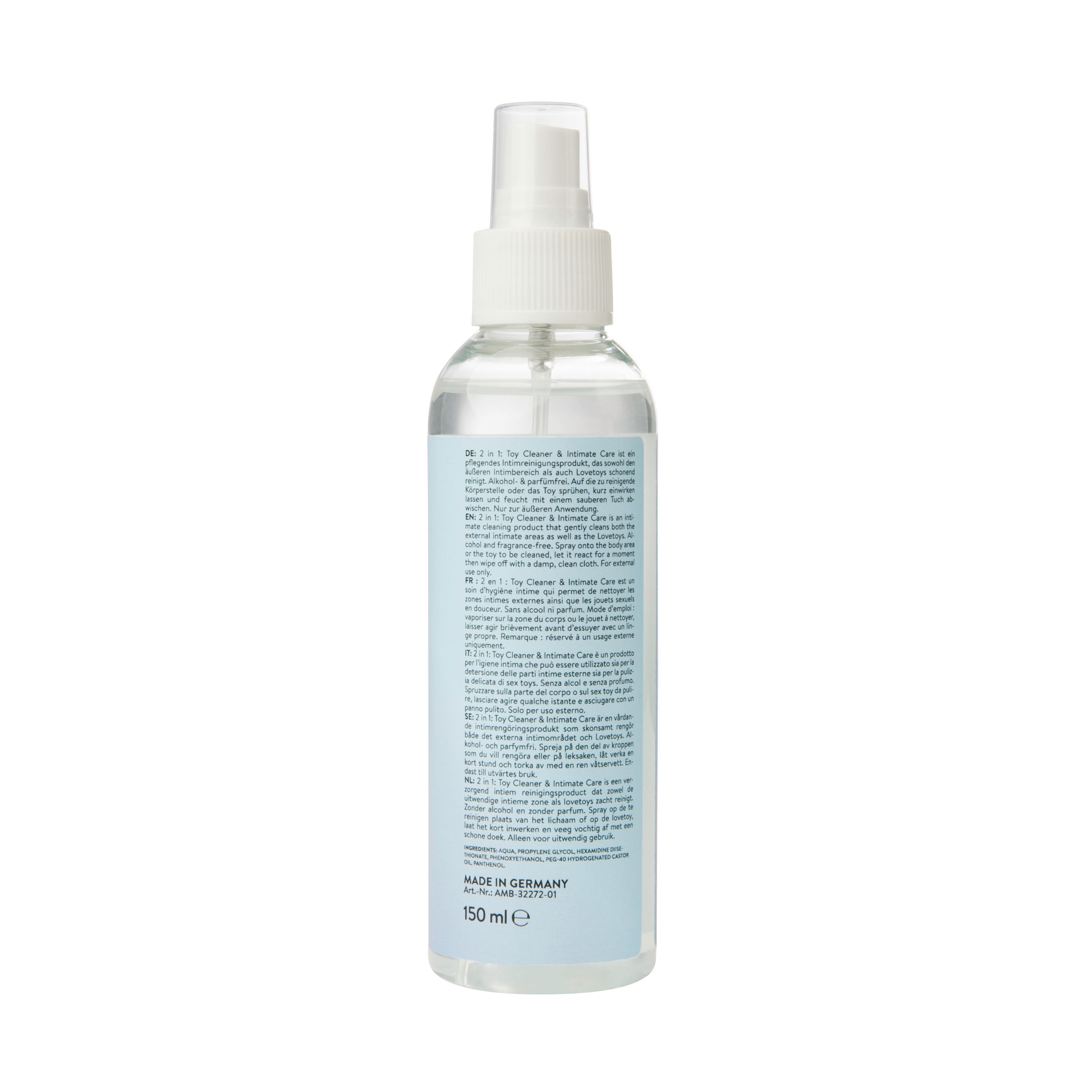 Achterkant van de fles. Meertalige tekst. Opschrift: MADE IN GERMANY. Volume: 150 ml.