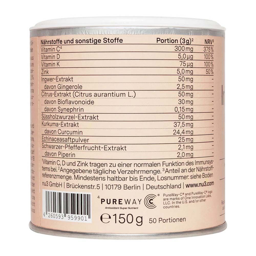 Achterkant van de pot. Bevat voedingsinformatie en ingrediënten. Merk: Pureway. Gewicht: 150g, 50 porties.