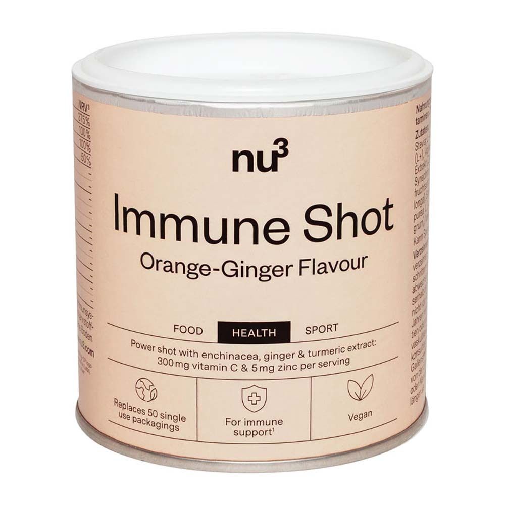 Beige blik met witte deksel. Opschrift: nu3 Immune Shot Orange-Ginger Flavour. Bevat vitamine C & zink.